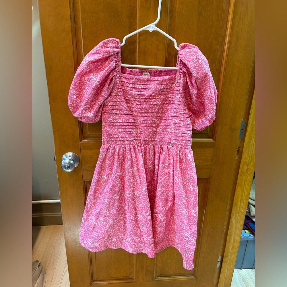 Abercrombie Kids Girls Emerson Puff Sleeve Mini Dress Pink & White Size 15/16 - Picture 1 of 6